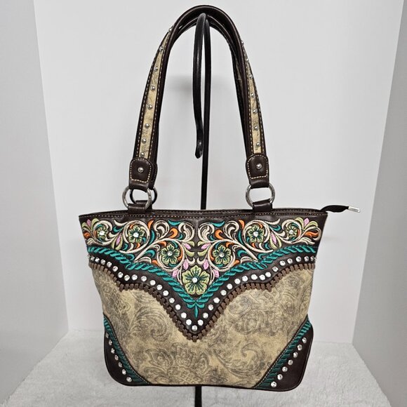 Montana West Handbags - Montana West Brown Embossed Floral Jeweled Western Boho Shoulder Bag